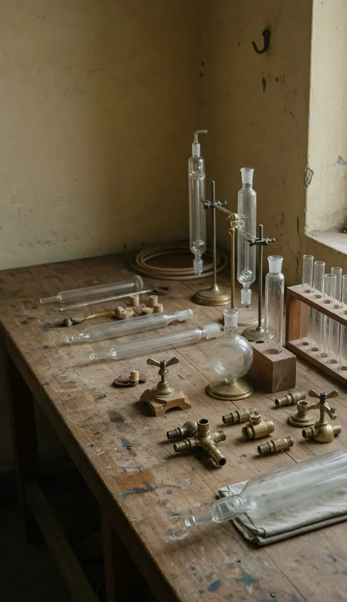 Glass and brass instruments laid out on a workshop bench.