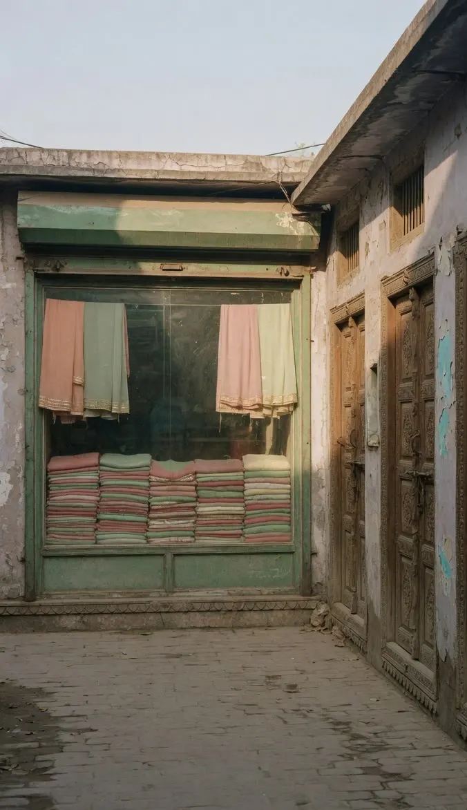 Carved wooden doors and folded cloth behind glass in a narrow lane.