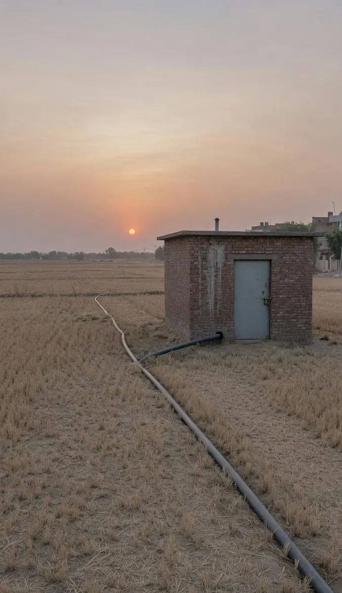 A harvested field and a plain brick pump house in low evening sun.