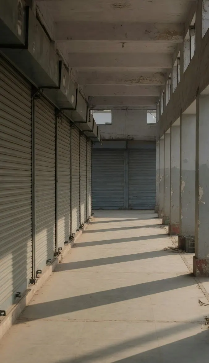A shuttered concrete market arcade with a long colonnade shadow.
