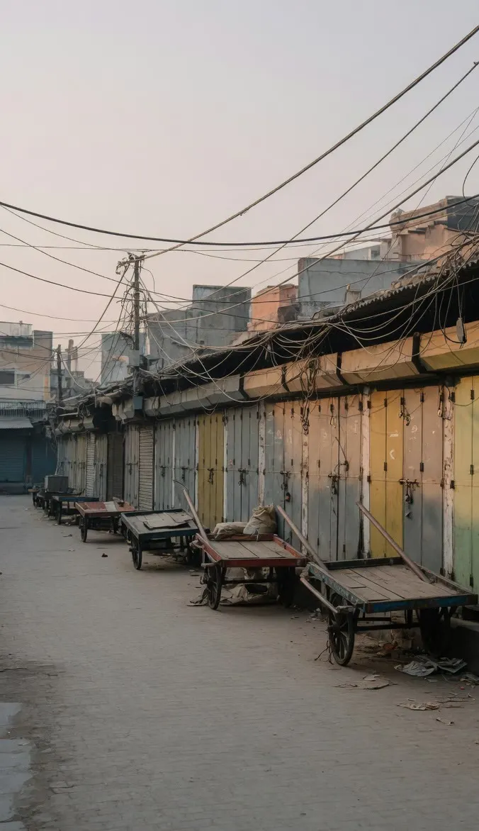A wholesale market lane before opening, with shutters down, hand carts and overhead cables.