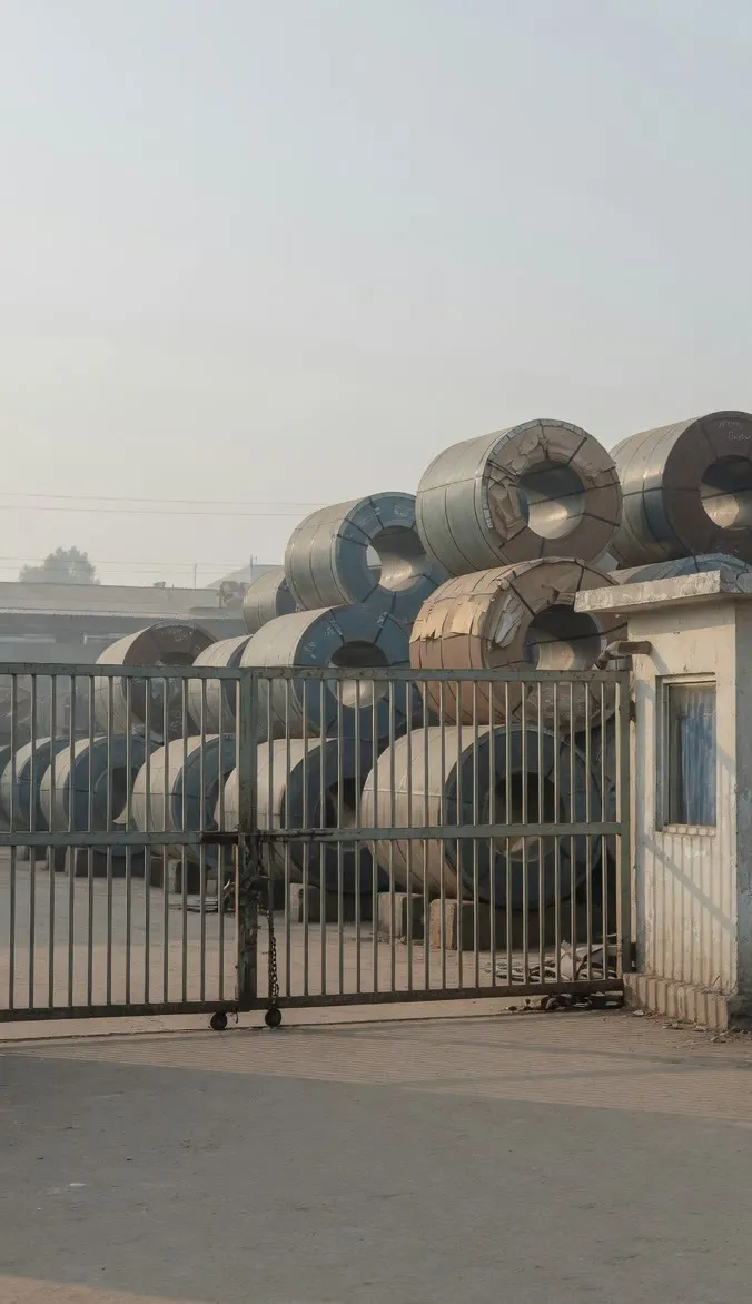 An industrial gate, a security cabin and stacked steel coils in morning haze.