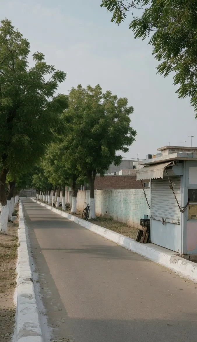 A tree-lined road with whitewashed kerbs and one closed kiosk.