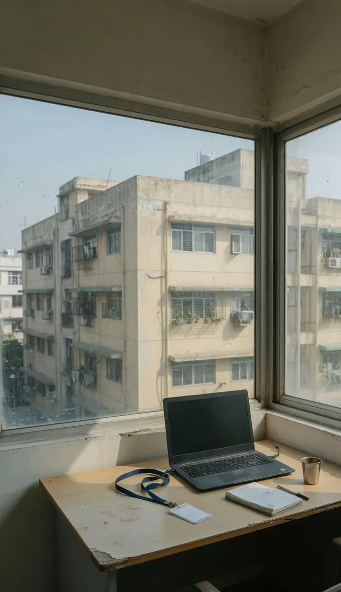 A desk by a glass window, an open laptop with a dark screen, and mid-rise blocks outside.