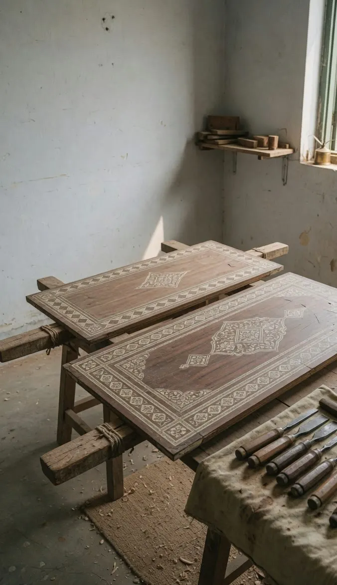Inlaid wood panels on trestles, with chisels on a cloth.