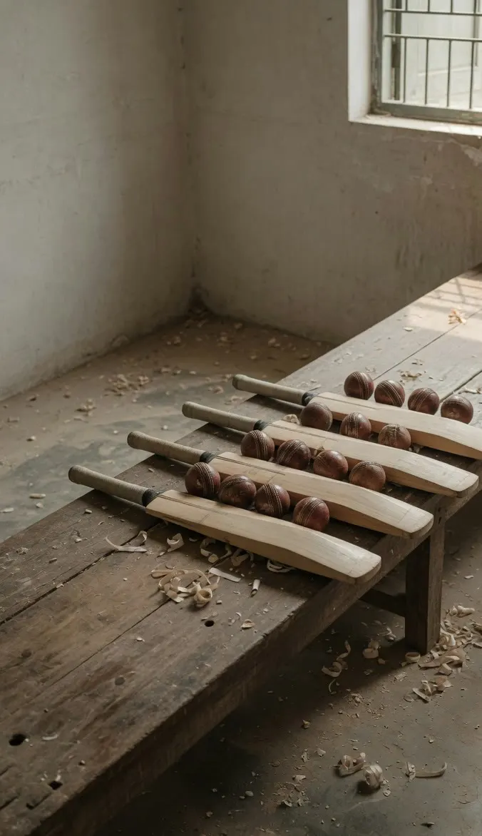 Cricket bats and balls on a workshop bench, with wood shavings on the floor.