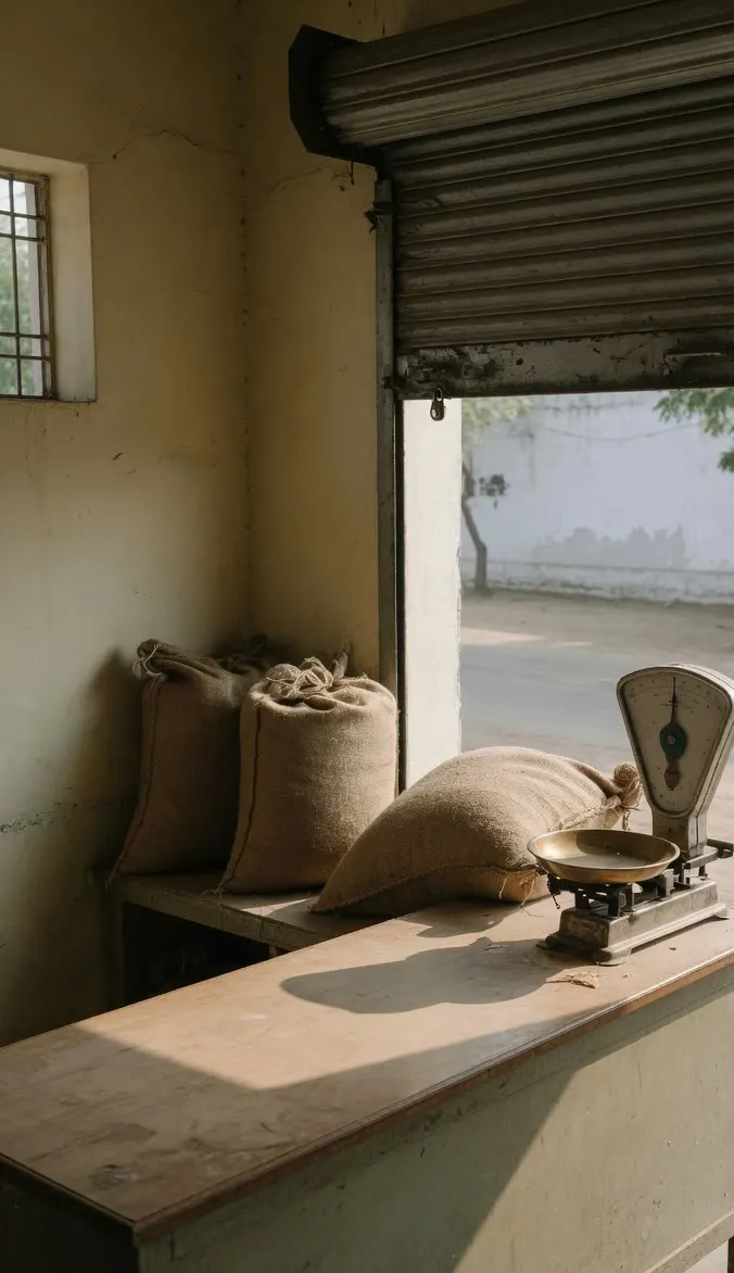 Plain jute sacks and a mechanical scale, with the shutter half open.