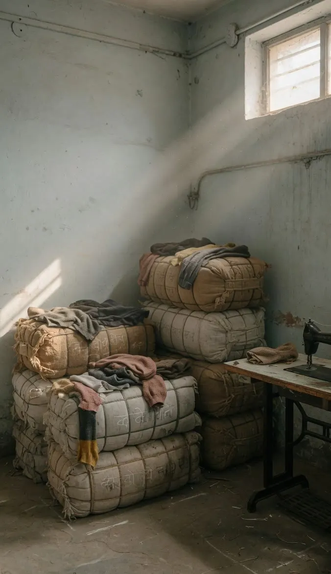 Knitwear bales and a sewing machine at rest in a small unit.