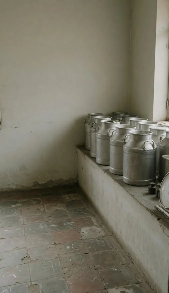 Steel milk cans and a weighing scale on a tiled dairy counter.