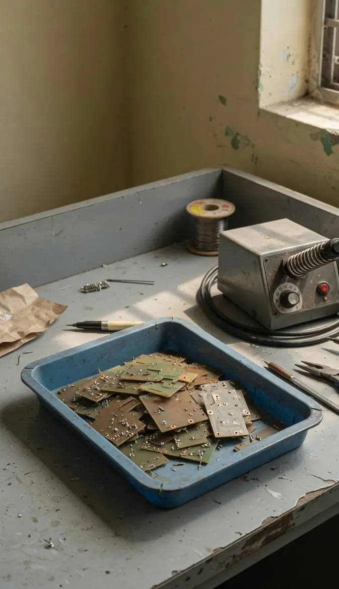 An electronics bench with circuit boards in a tray and a soldering station switched off.