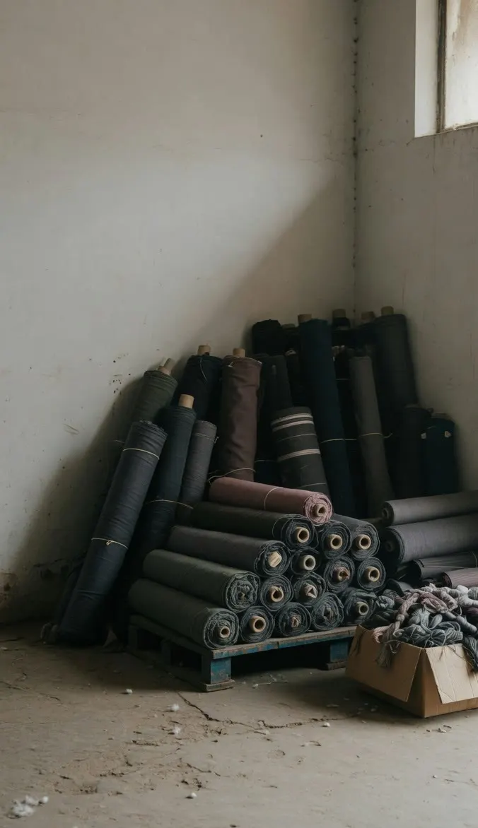 Rolled cloth and thread stacked in a textile warehouse.
