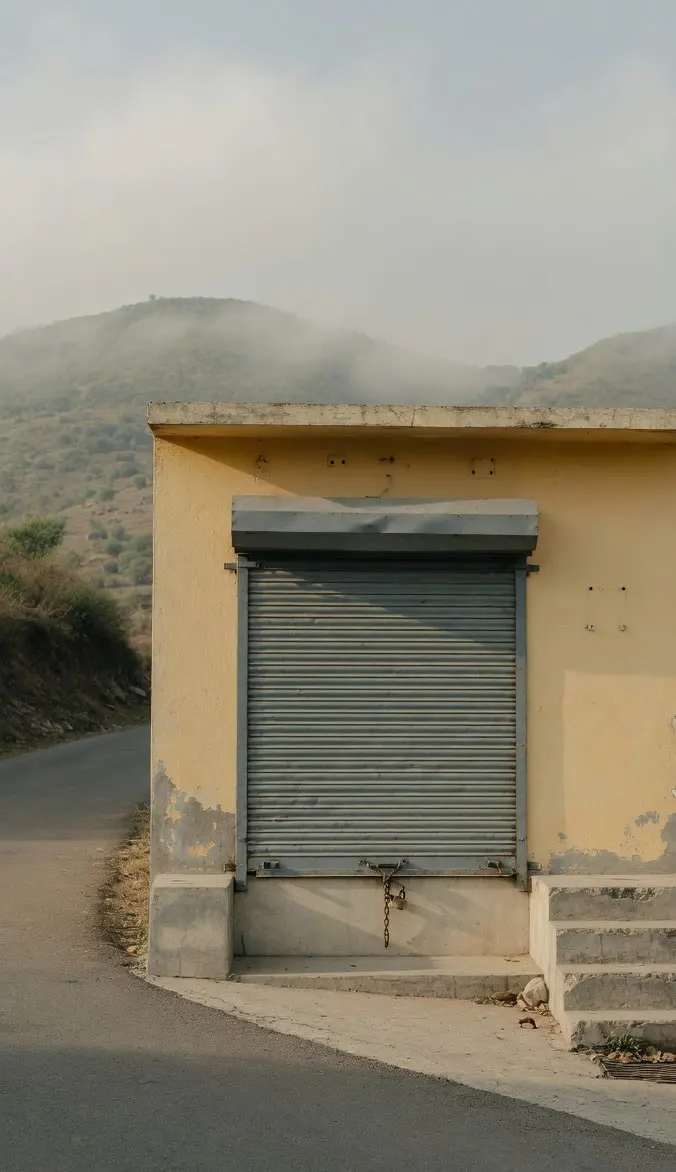 A closed shop shutter and steps, with mist on the hills behind.
