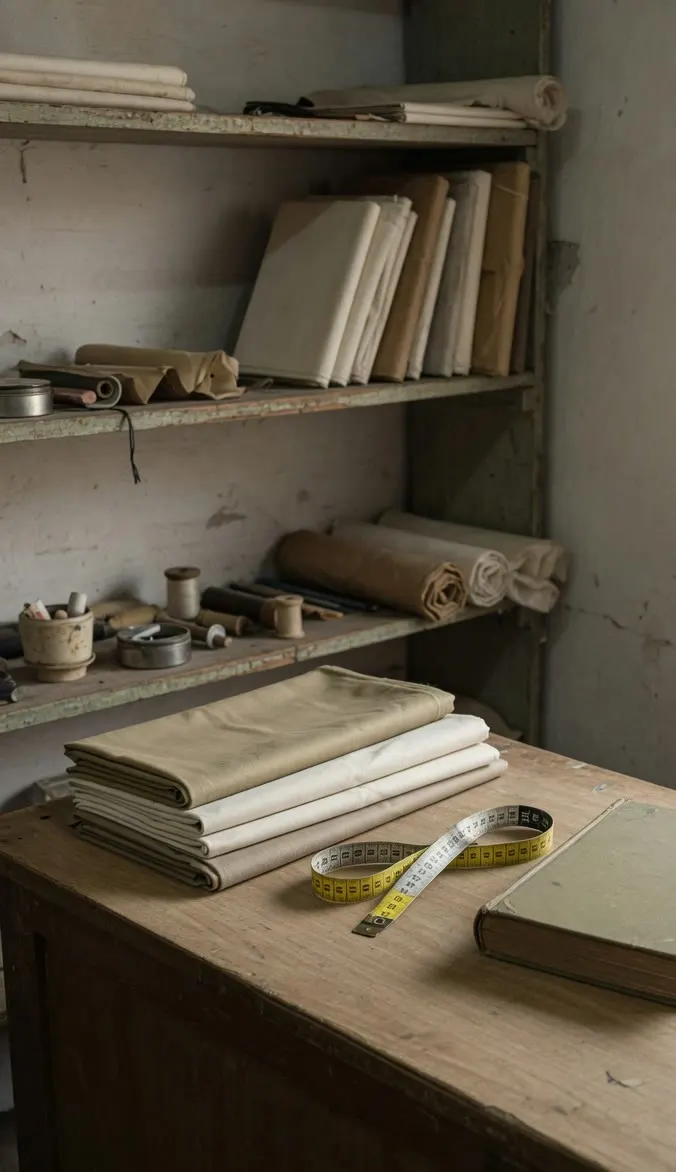 Folded cloth, a measuring tape and a closed book on a wooden counter.