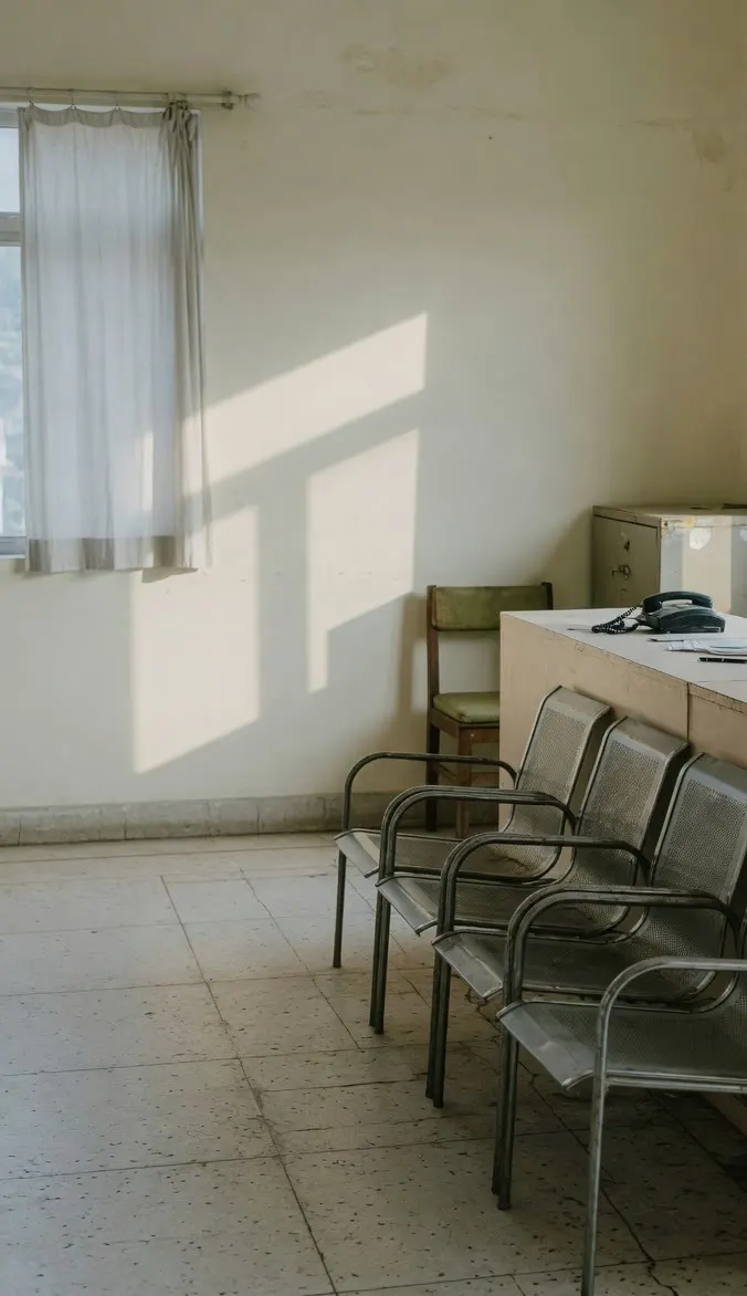 Empty steel chairs and a reception counter with a phone in a waiting area.
