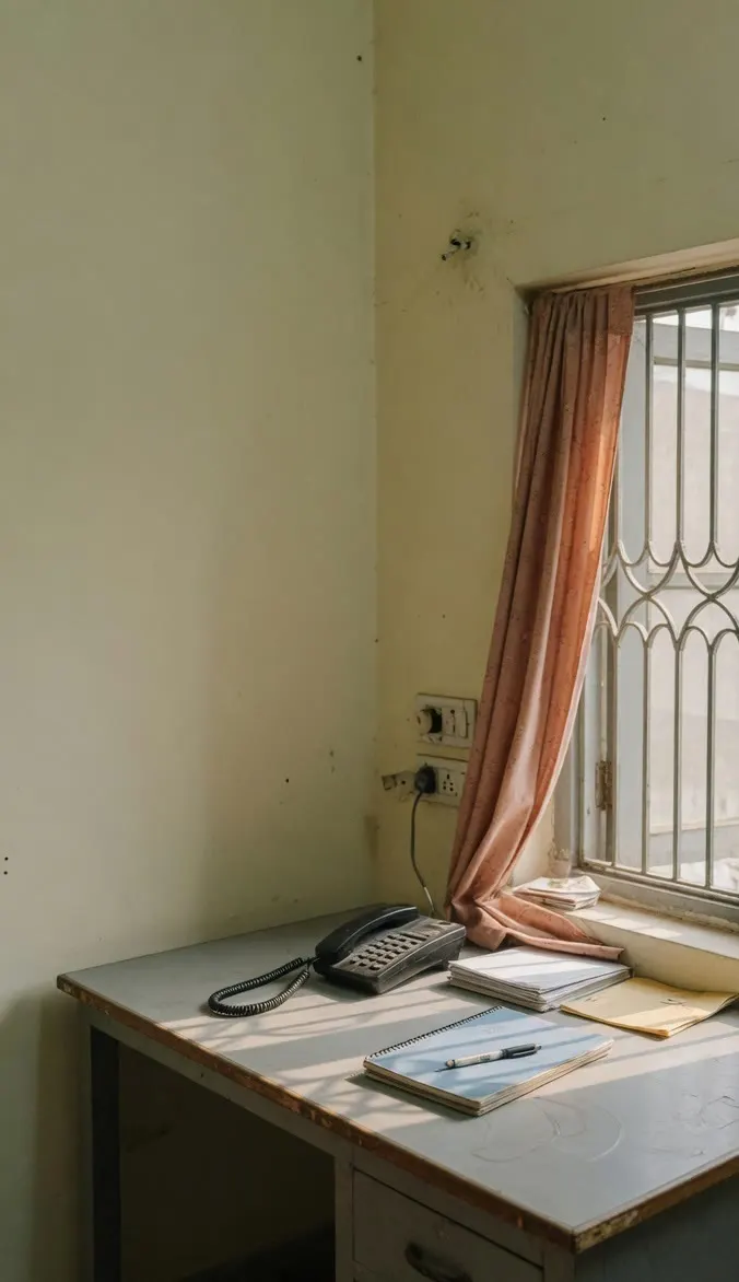 A home-office desk with a landline, a notebook and a window grille.