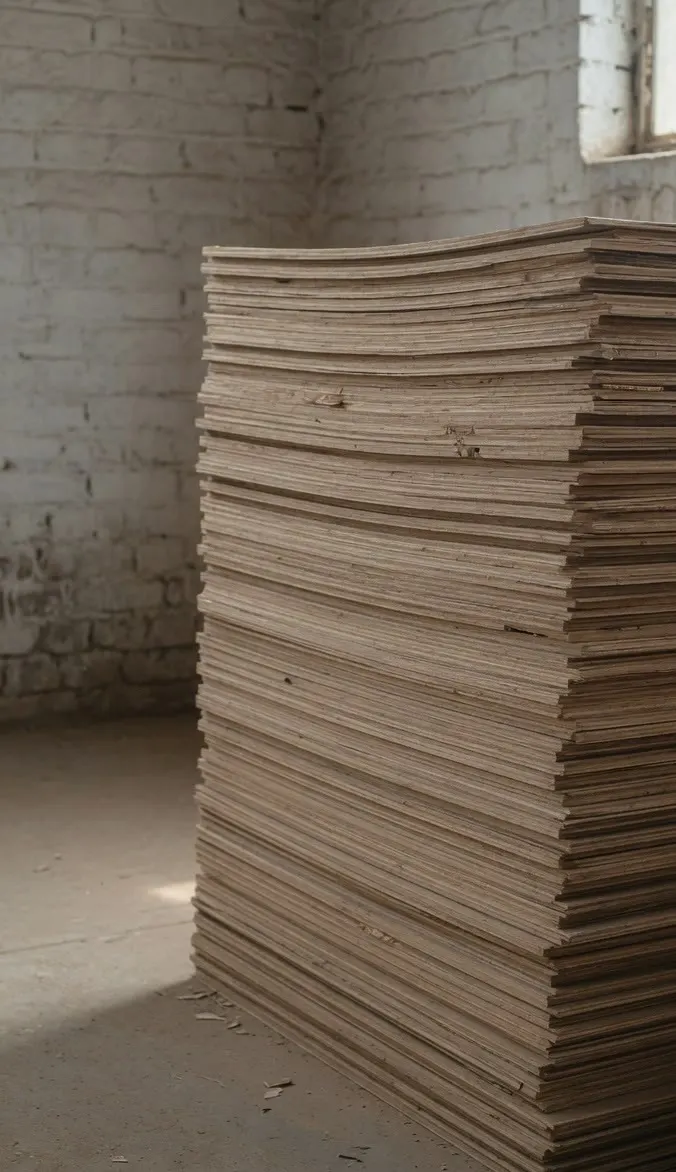 Stacked plywood sheets in a timber yard, seen from the side.