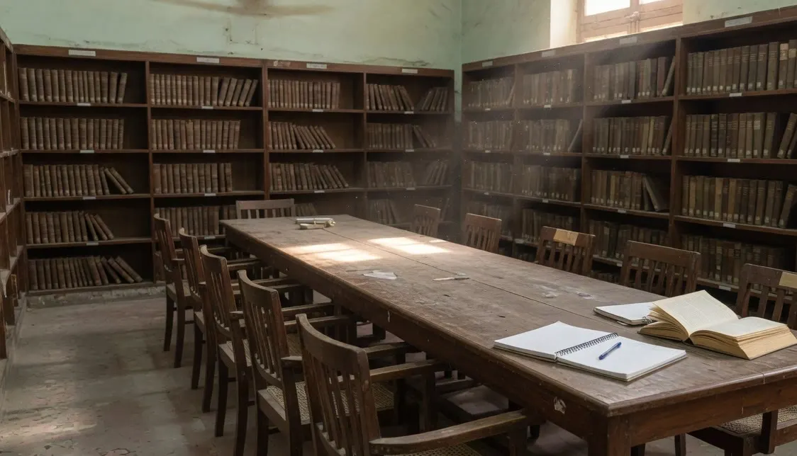 A long reading table in an old library, with bound volumes, an open book and empty chairs.