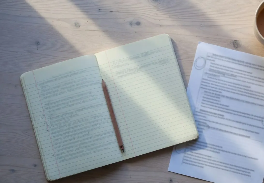 An open ruled notebook, a pencil, a blurred printed page and a cup of chai.