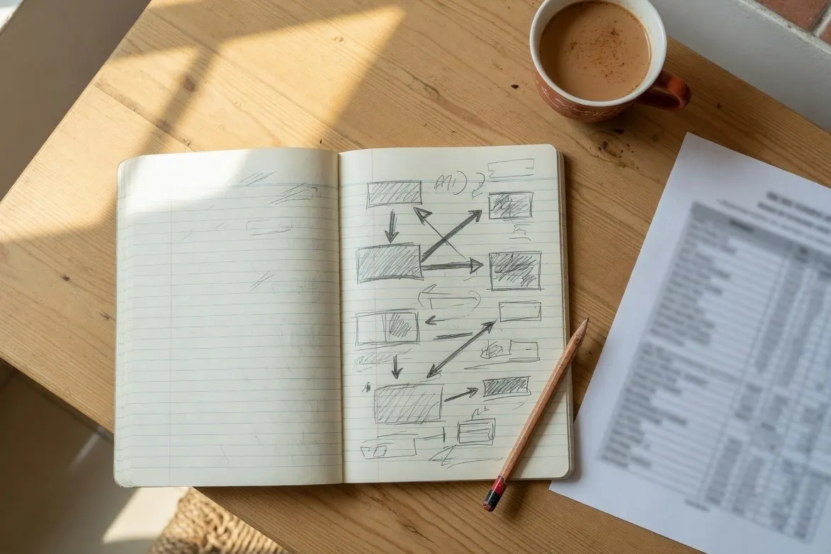 An open ruled notebook, a pencil, a blurred printed page and a cup of chai.