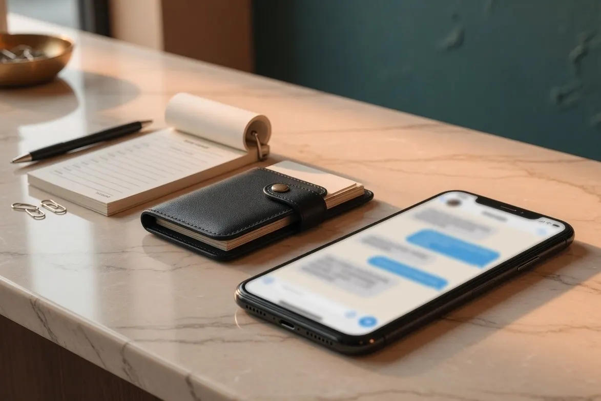A phone face up on a counter, its screen a blurred message thread, beside a card holder and a receipt pad.