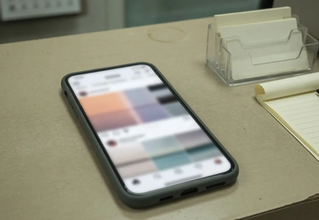 A phone face up on a counter, its screen a blurred feed, beside a card holder and a receipt pad.