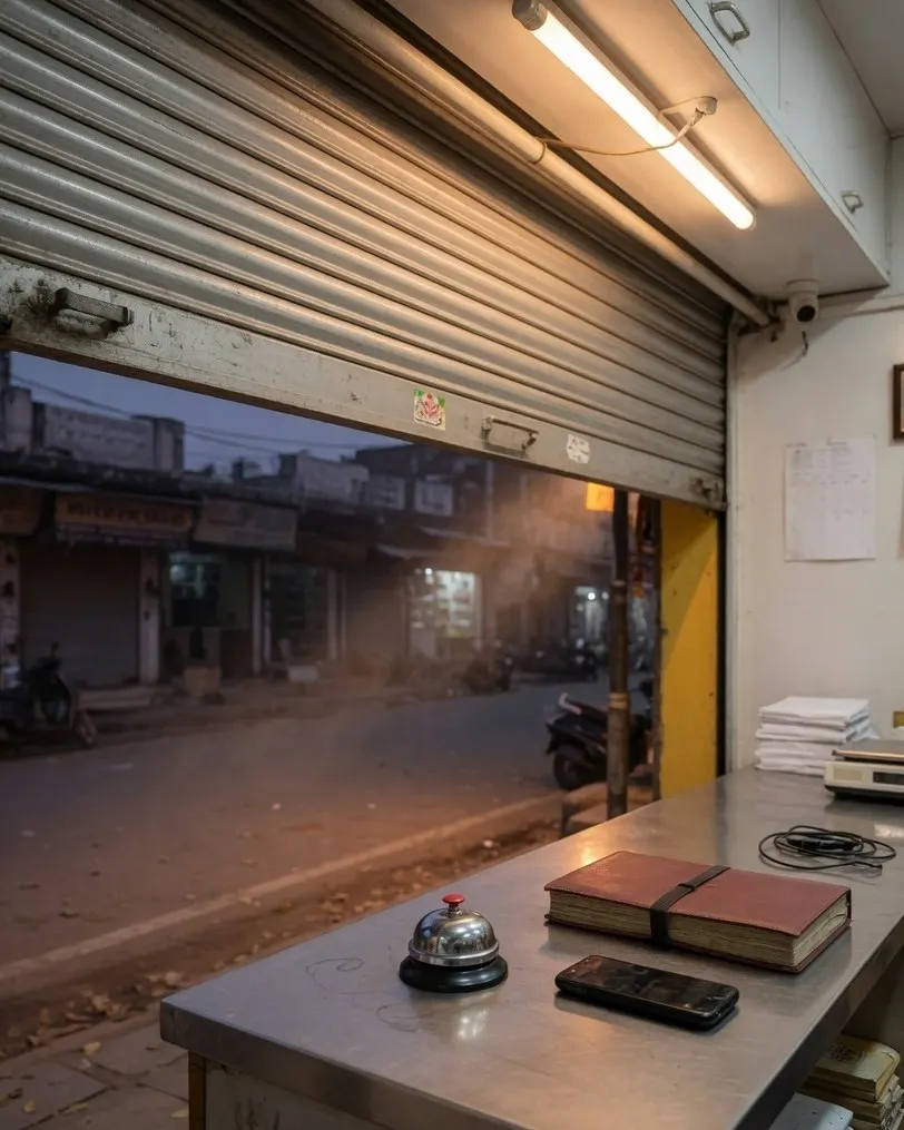 A shop counter at evening, with a service bell, a closed ledger and a phone, under the half-raised shutter.