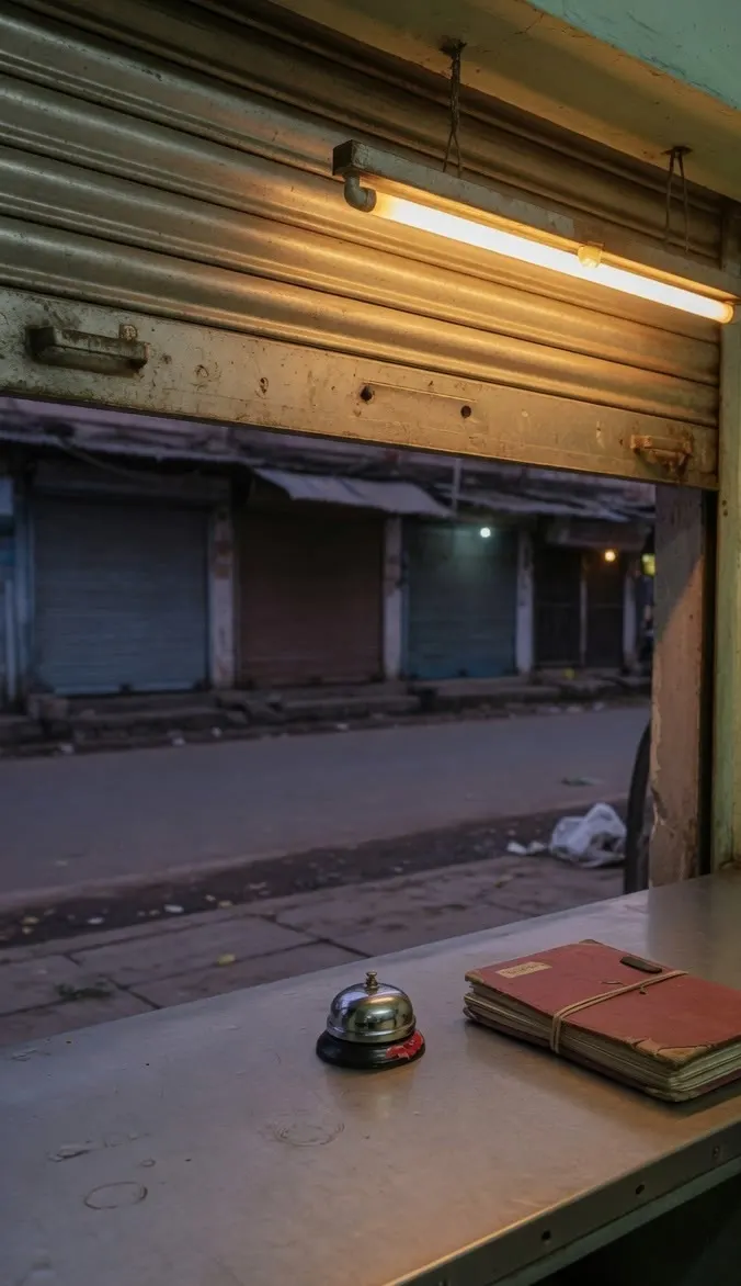 A shop counter at evening, with a service bell, a closed ledger and the shutter half raised.