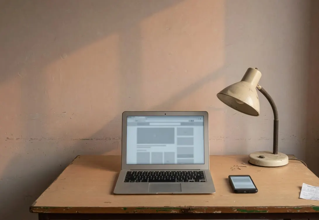 A laptop and a phone on a worn desk, both screens showing an empty page layout, beside a desk lamp.