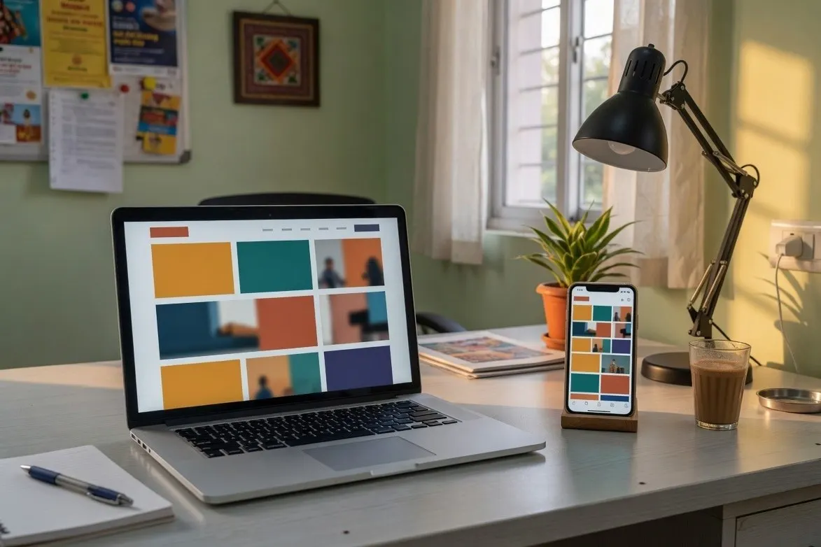 A laptop and a phone on a worn desk, both screens showing an empty page layout, beside a desk lamp.