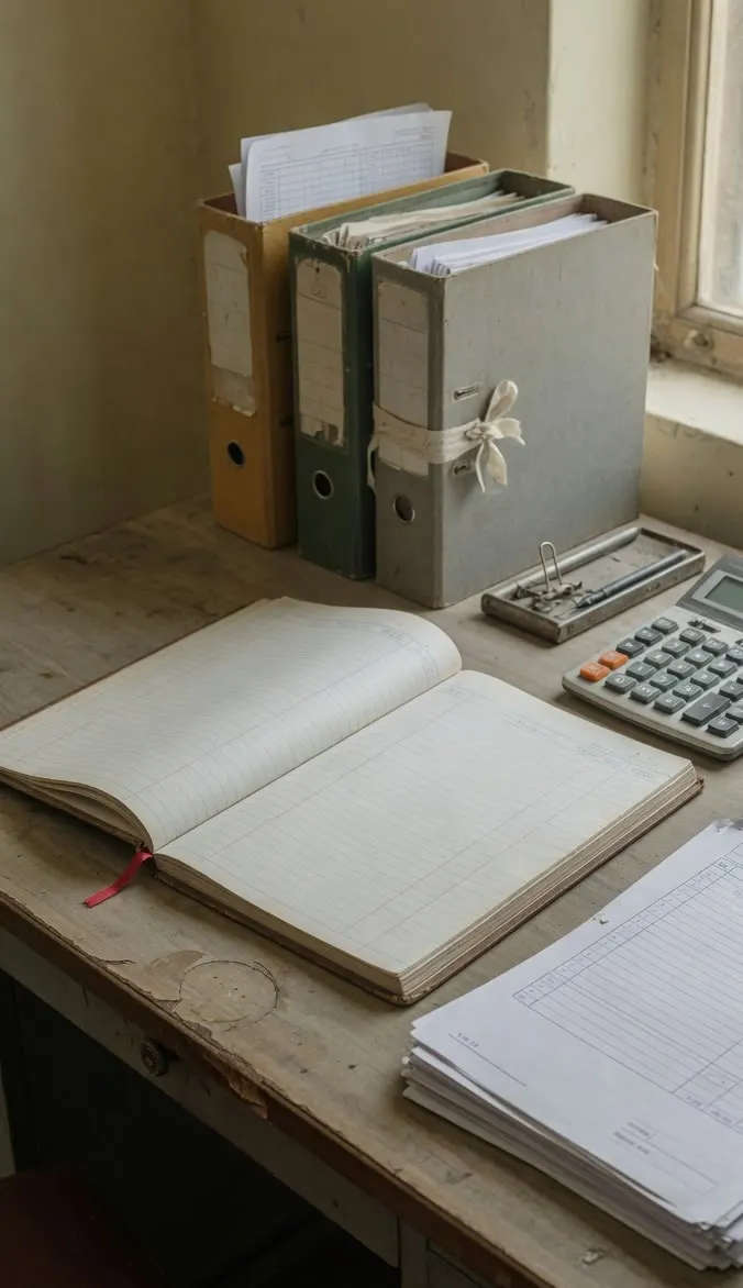 An open ledger, a calculator, a rubber stamp and box files on a desk.