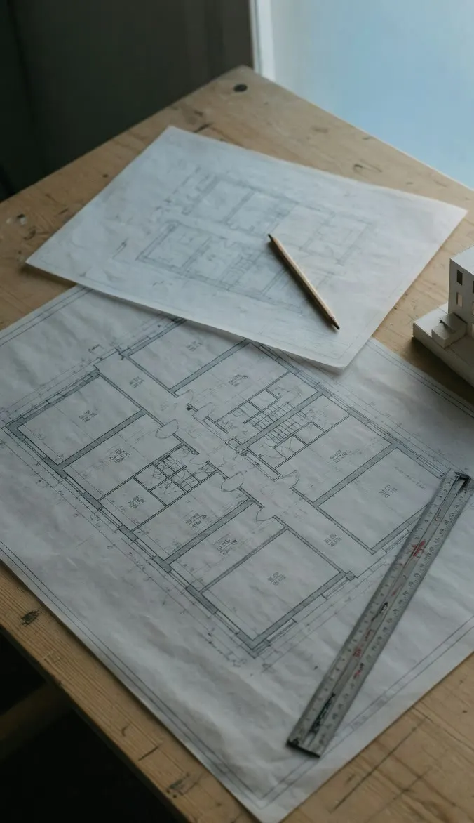 A printed floor plan, a scale ruler and a white massing model on a drafting table.