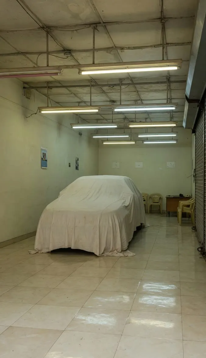 A covered car in an empty showroom, the shutter closed, with no badges.