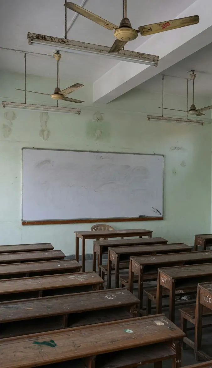 Empty benches and a whiteboard with only faint marks, under ceiling fans.