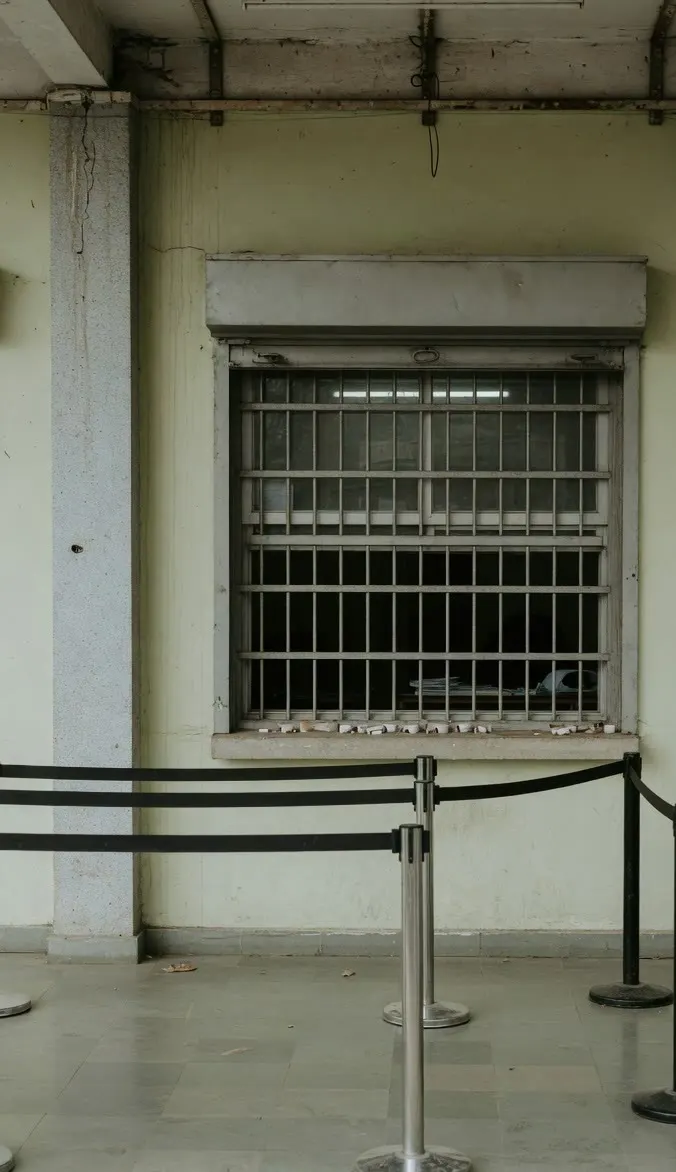 A college admissions window with a grille, queue stanchions and a verandah.