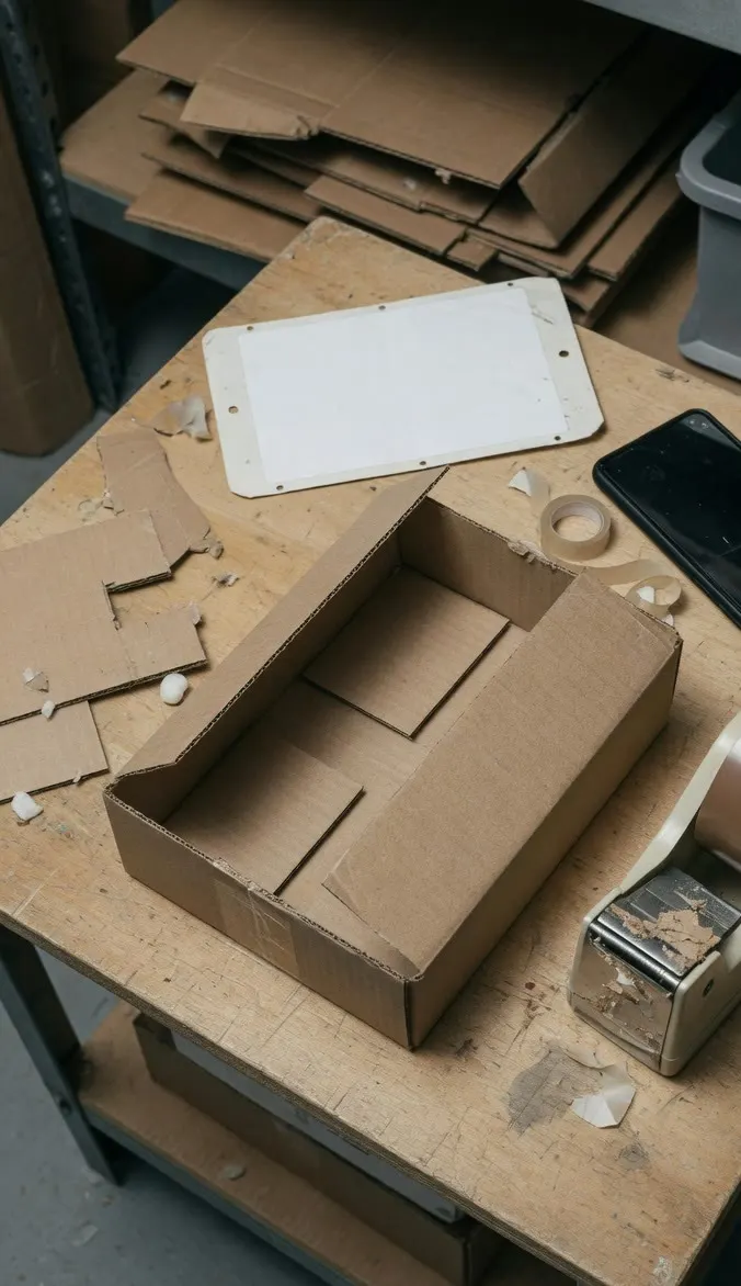 A packing table with an open box, a tape dispenser, a blank label and a dark phone.