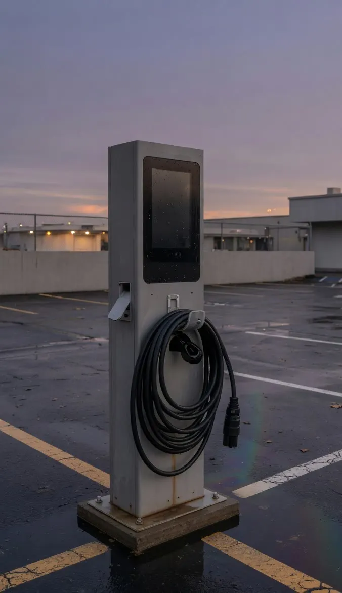 A charging pillar at dusk, its cable coiled and its screen dark.