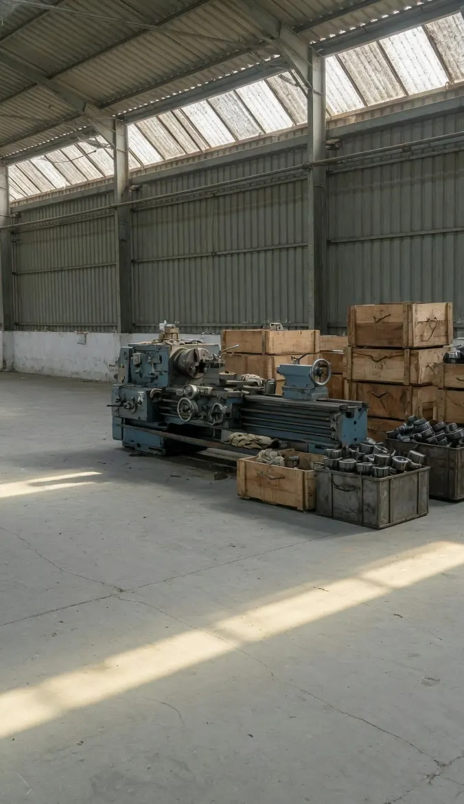 A lathe at rest and stacked crates on a factory floor, under a skylight.