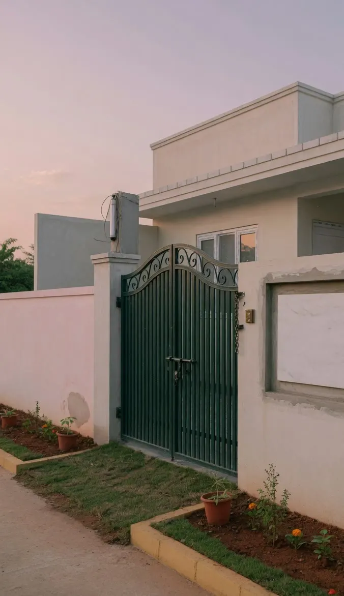 A closed metal gate and a blank marble name-plate on a house front.