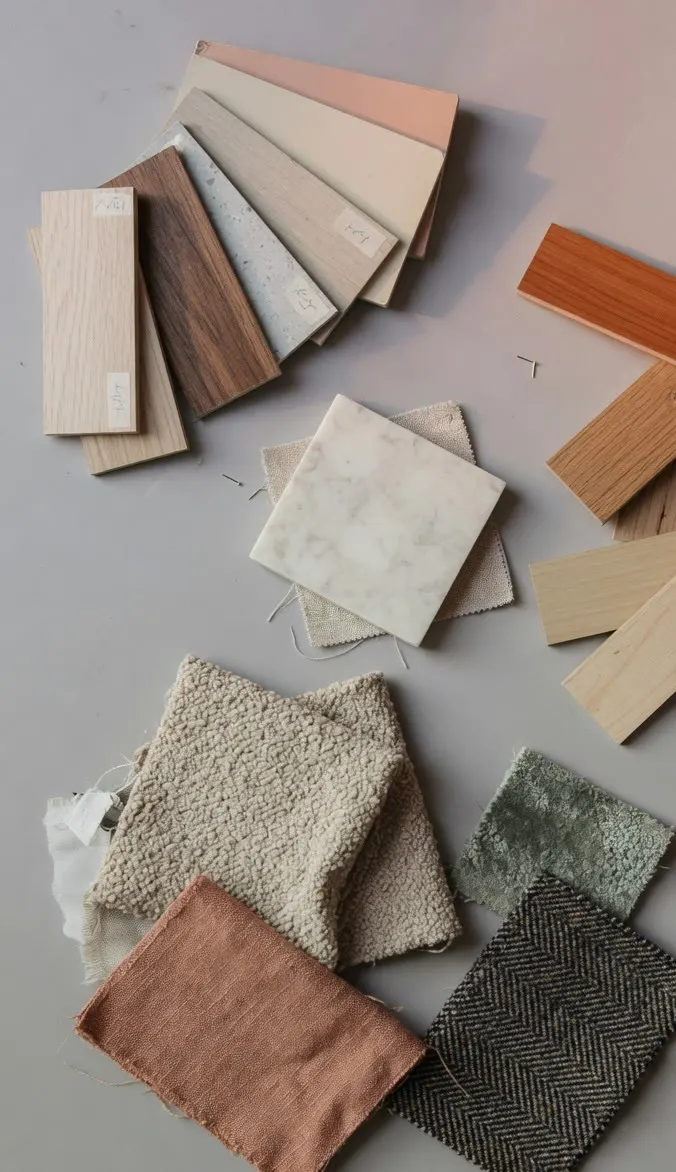 Laminate, marble, fabric and wood samples arranged on a table.