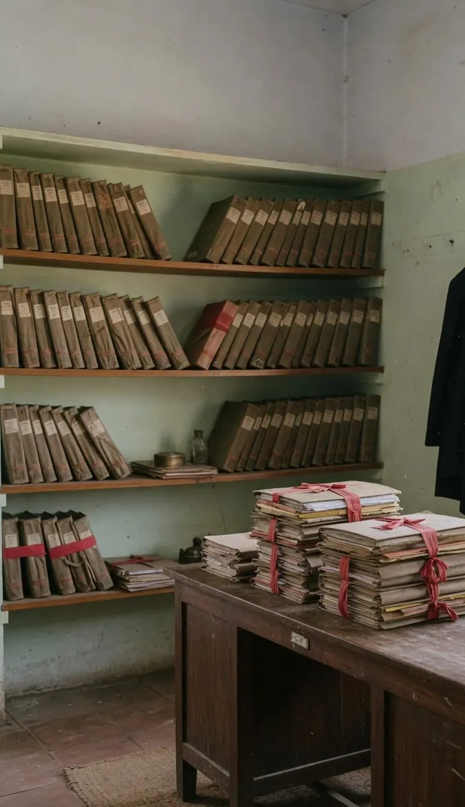 A wooden desk with files tied in red tape, a black coat on a hook, and blank-spined volumes.