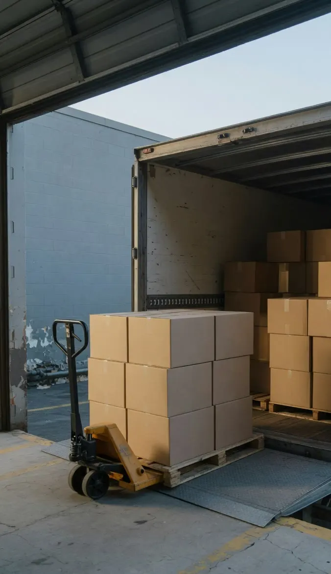 An open truck rear, plain cartons and a pallet jack in a loading bay.