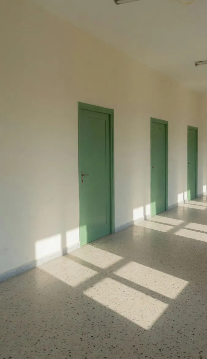 An empty school corridor with plain green doors and no class numbers.