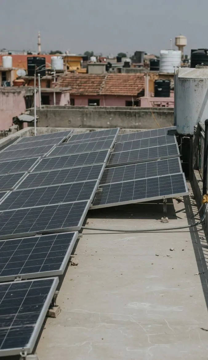 Rooftop solar panels, a water tank and a railing, with town rooftops behind.