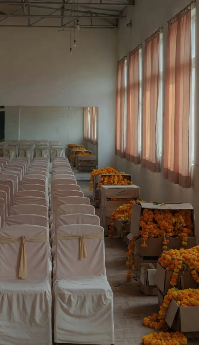 An empty banquet hall with covered chairs and crates of marigolds.