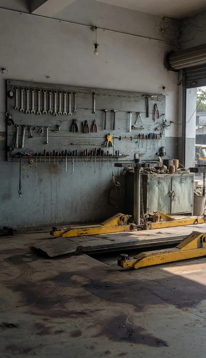 An empty workshop bay, a lowered lift, tools on a pegboard and an open shutter.