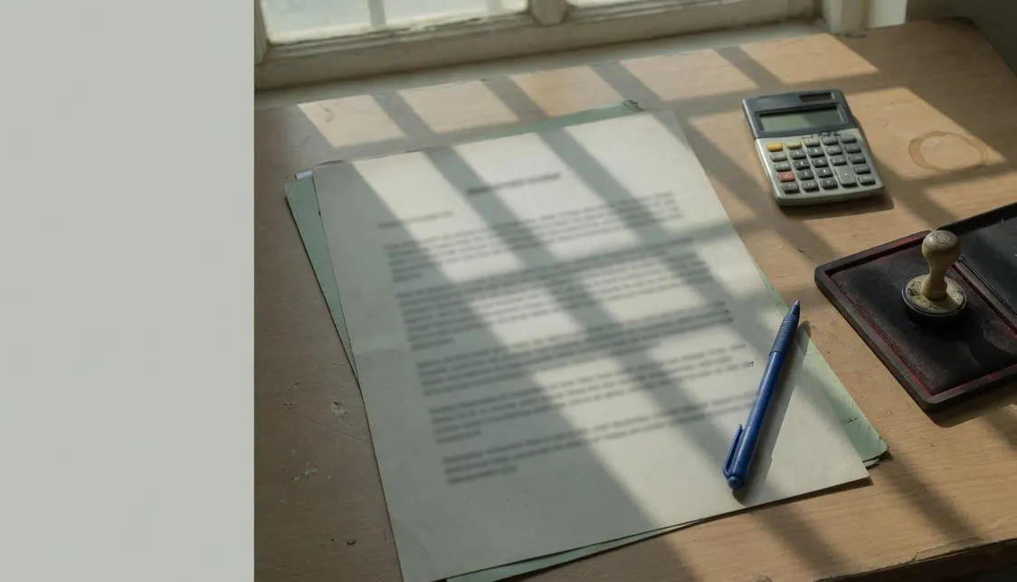 A printed page with the text out of focus, a pen, a stamp pad and a calculator on a desk.